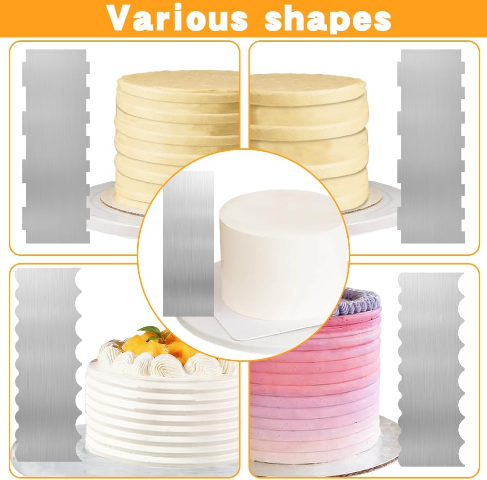 Cake Scraper Set 6 Piece Buttercream Icing Smoother Tools | Cake scraper set with stainless steel and plastic icing smoothers for buttercream frosting stripes cake decorating
