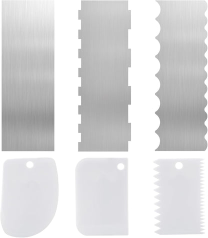 Cake Scraper Set 6 Piece Buttercream Icing Smoother Tools | Cake scraper set with stainless steel and plastic icing smoothers for buttercream frosting stripes cake decorating