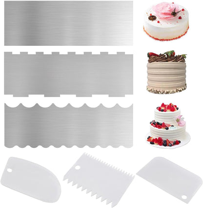 Cake Scraper Set 6 Piece Buttercream Icing Smoother Tools | Cake scraper set with stainless steel and plastic icing smoothers for buttercream frosting stripes cake decorating