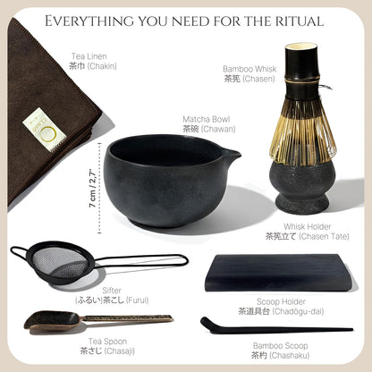Premium Matcha Whisk Set – 8 Piece Japanese Matcha Tea Ceremony Kit | Handmade Ceramics - Matcha Bowl, Purple Bamboo Whisk, Whisk Holder, Sifter, Scoop & Scoop Holder, Cloth, Spoon - Dark Gray