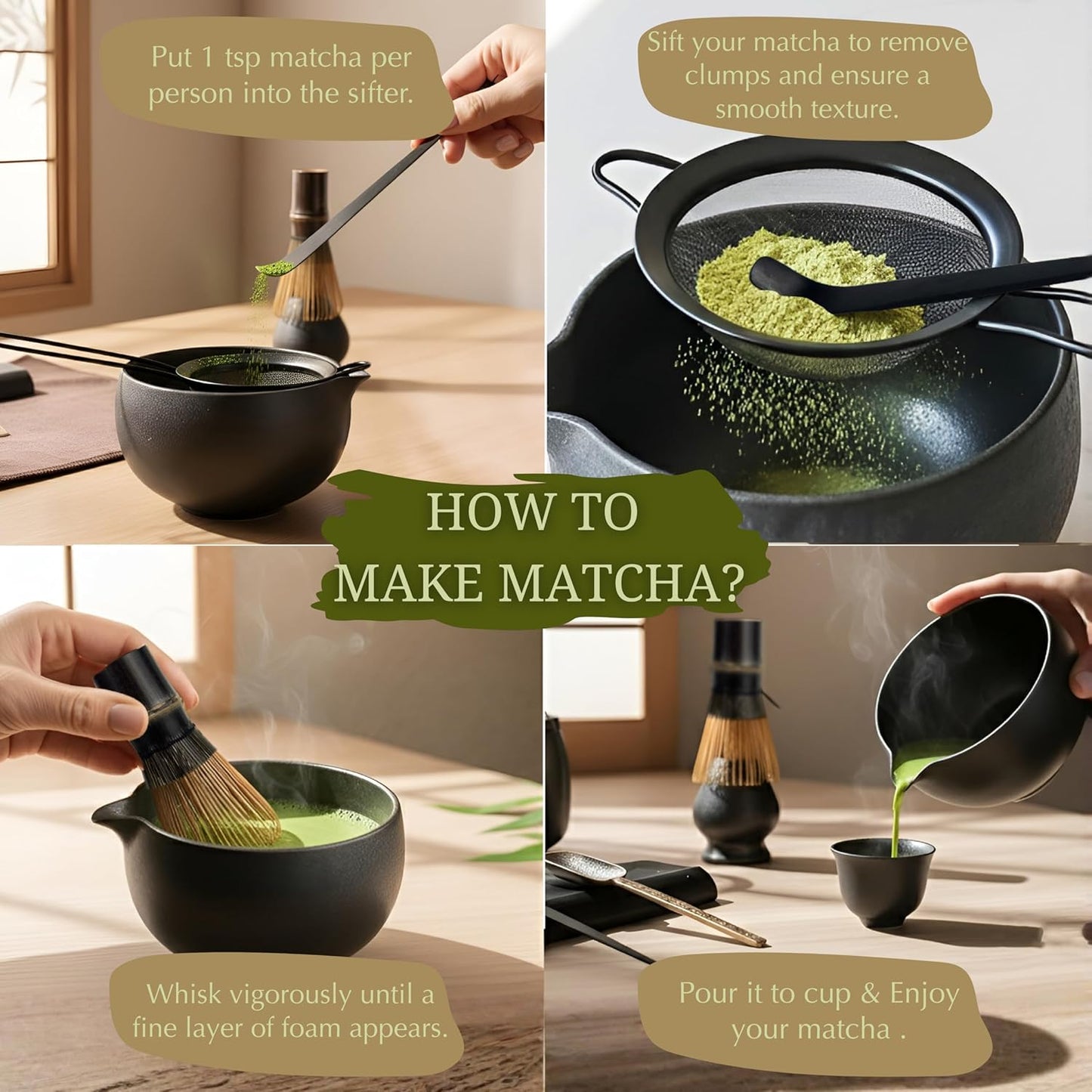 Premium Matcha Whisk Set – 8 Piece Japanese Matcha Tea Ceremony Kit | Handmade Ceramics - Matcha Bowl, Purple Bamboo Whisk, Whisk Holder, Sifter, Scoop & Scoop Holder, Cloth, Spoon - Dark Gray