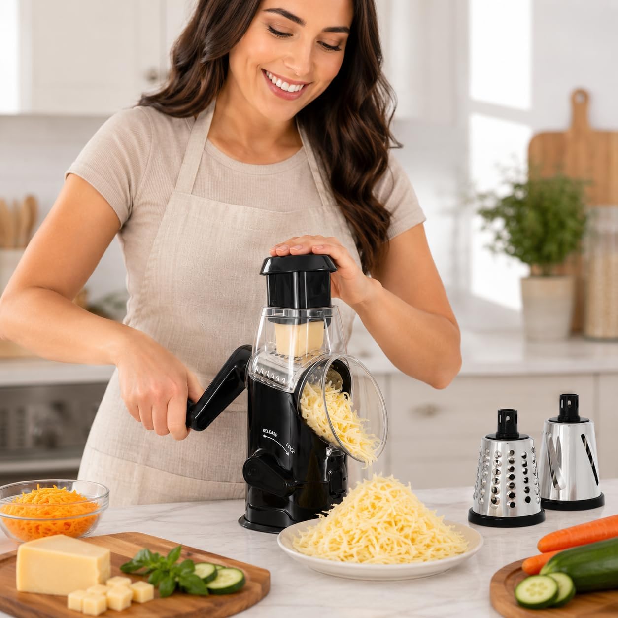 Plastic Rotary Cheese Grater with Handle – 8"x6"x10" Manual Cheese & Vegetable Grater with Easy-Turn Crank, Non-Slip Base, Durable Kitchen Tool for Shredding, Slicing & Grating