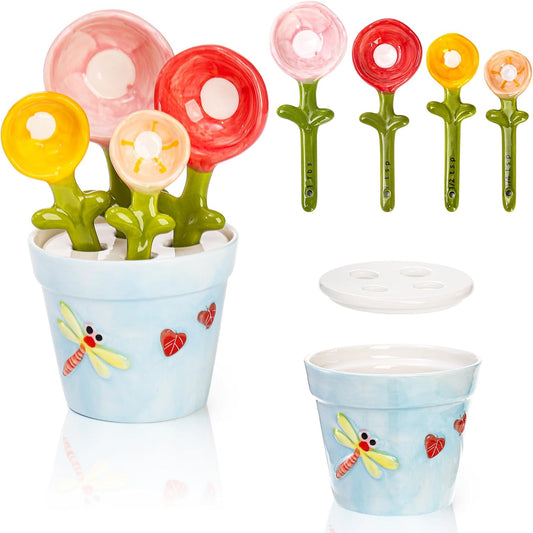 5Pcs Ceramic Measuring Spoons and Cup, Flower Baking Scale Spoons with Base Set for Dry and Liquid Ingredient, 1/4 tsp, 1/2 tsp, 1 tsp, 1 Tbsp