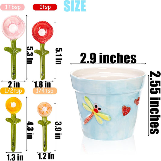 5Pcs Ceramic Measuring Spoons and Cup, Flower Baking Scale Spoons with Base Set for Dry and Liquid Ingredient, 1/4 tsp, 1/2 tsp, 1 tsp, 1 Tbsp