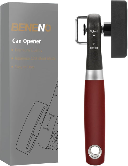 Can Opener, Manual Side Safe Cut Can Opener Smooth Edge, Red | Durable Sharp DC53 Steel Cutting Blade, Clean Cut with no Sharp Can Edges, Big Effort-Saving Knob, Comfortable Non-Slip Grip
