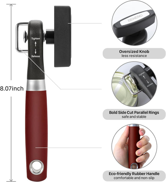 Can Opener, Manual Side Safe Cut Can Opener Smooth Edge, Red | Durable Sharp DC53 Steel Cutting Blade, Clean Cut with no Sharp Can Edges, Big Effort-Saving Knob, Comfortable Non-Slip Grip
