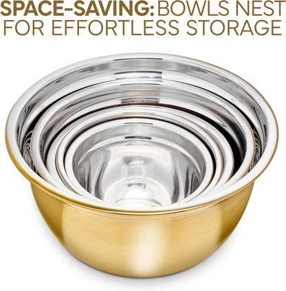 18 Piece Mixing Bowls Set with Airtight Lids, Stainless Steel Bowl Organizers, Food Storage Containers, Meal Prep, Nesting Salad Bowls For Cooking, Baking, Kitchen Use, Gold