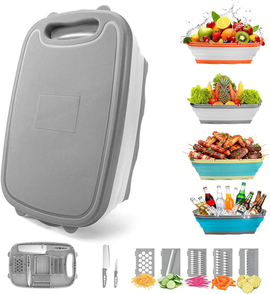 Camping Cutting Board, 9-in-1 Collapsible Chopping Board with Colander, Outdoor-Kitchen Vegetable Washing Basket for Campers, Camping Gifts Camping Accessories for RV Campers (Gray)