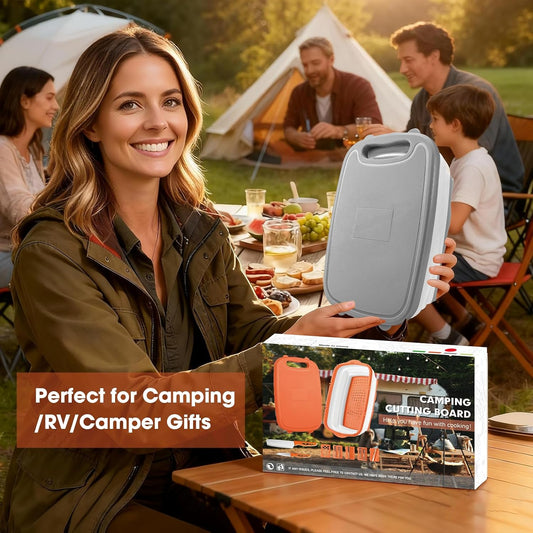 Camping Cutting Board, 9-in-1 Collapsible Chopping Board with Colander, Outdoor-Kitchen Vegetable Washing Basket for Campers, Camping Gifts Camping Accessories for RV Campers (Gray)