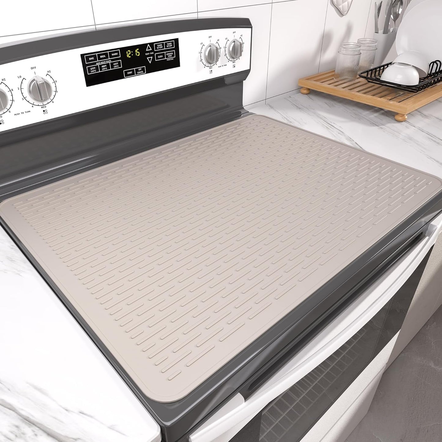 Stove Top Cover for Electric Stove- Range Covers for Electric Stove,Silicone XXL Dish Drying Mat, Glass Cooktop Covers, Flat RV Range top Mats (Black, 28"x20")