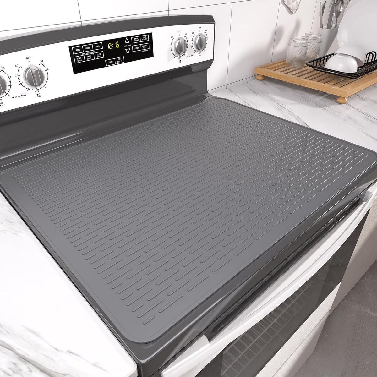 Stove Top Cover for Electric Stove- Range Covers for Electric Stove,Silicone XXL Dish Drying Mat, Glass Cooktop Covers, Flat RV Range top Mats (Black, 28"x20")