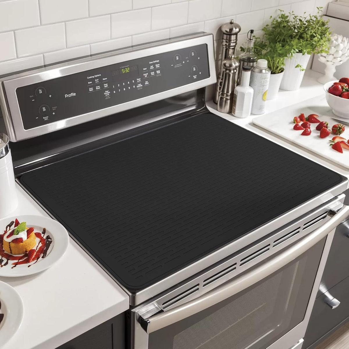 Stove Top Cover for Electric Stove- Range Covers for Electric Stove,Silicone XXL Dish Drying Mat, Glass Cooktop Covers, Flat RV Range top Mats (Black, 28"x20")