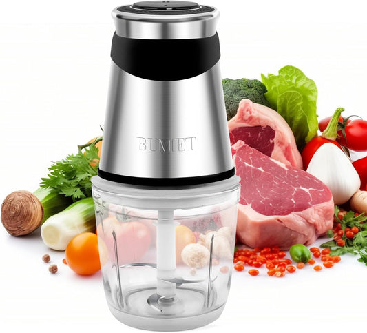 500W Mini Chopper 2.5-Cup Glass Bowl Steel Blades | stainless steel blade and BPA free great for Small-batch chopper for meat, veggies & baby food. Compact & easy-clean.