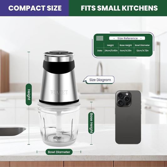 500W Mini Chopper 2.5-Cup Glass Bowl Steel Blades | stainless steel blade and BPA free great for Small-batch chopper for meat, veggies & baby food. Compact & easy-clean.