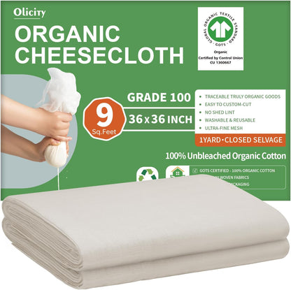 Organic Cheese Cloths, GOTS Certified, 36x36Inch, Reusable Cheese Cloth | Grade 100 Closed Edges Fabric Fine Mesh Cloth, Unbleached Cotton Muslin Cheesecloth for Straining, Cooking, Crafts - 9 Sq.Ft