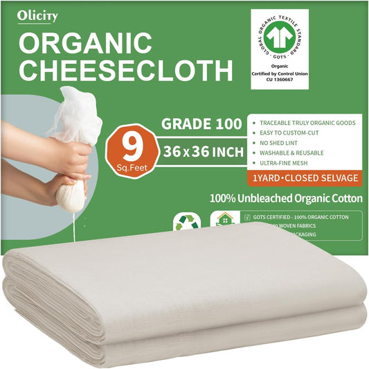 Organic Cheese Cloths, GOTS Certified, 36x36Inch, Reusable Cheese Cloth | Grade 100 Closed Edges Fabric Fine Mesh Cloth, Unbleached Cotton Muslin Cheesecloth for Straining, Cooking, Crafts - 9 Sq.Ft