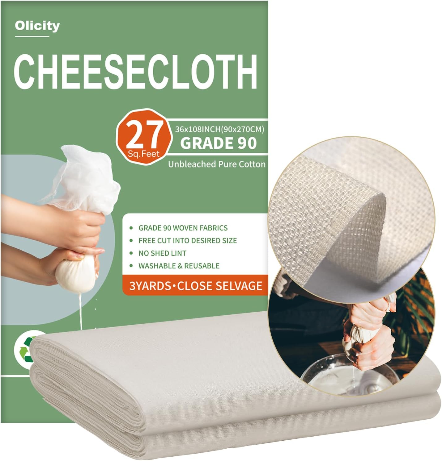 Organic Cheese Cloths, GOTS Certified, 36x36Inch, Reusable Cheese Cloth | Grade 100 Closed Edges Fabric Fine Mesh Cloth, Unbleached Cotton Muslin Cheesecloth for Straining, Cooking, Crafts - 9 Sq.Ft