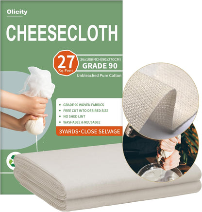 Organic Cheese Cloths, GOTS Certified, 36x36Inch, Reusable Cheese Cloth | Grade 100 Closed Edges Fabric Fine Mesh Cloth, Unbleached Cotton Muslin Cheesecloth for Straining, Cooking, Crafts - 9 Sq.Ft