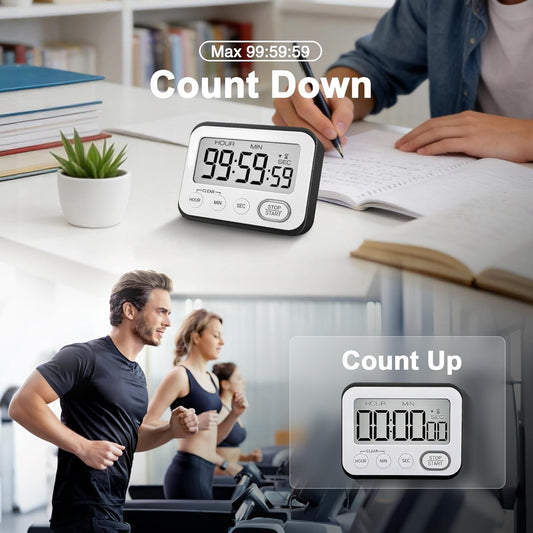 Digital Kitchen Timer Magnetic Loud Alarm, Large LCD Screen Silent/Beeping Multi-Function for Teachers Classroom Kids, Black