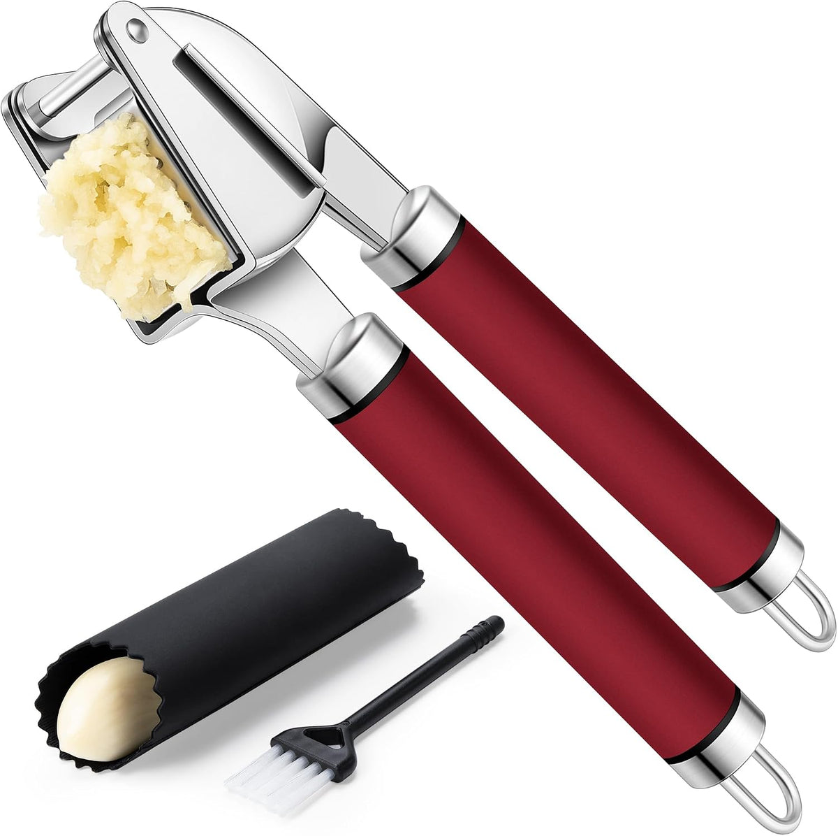 Premium Garlic Press Stainless Steel, Garlic Mincer Tool, Garlic Crusher Tool, Garlic Smasher Garlic Masher Includes Silicone Garlic Peeler & Cleaning Brush, Dishwasher Safe (Red)
