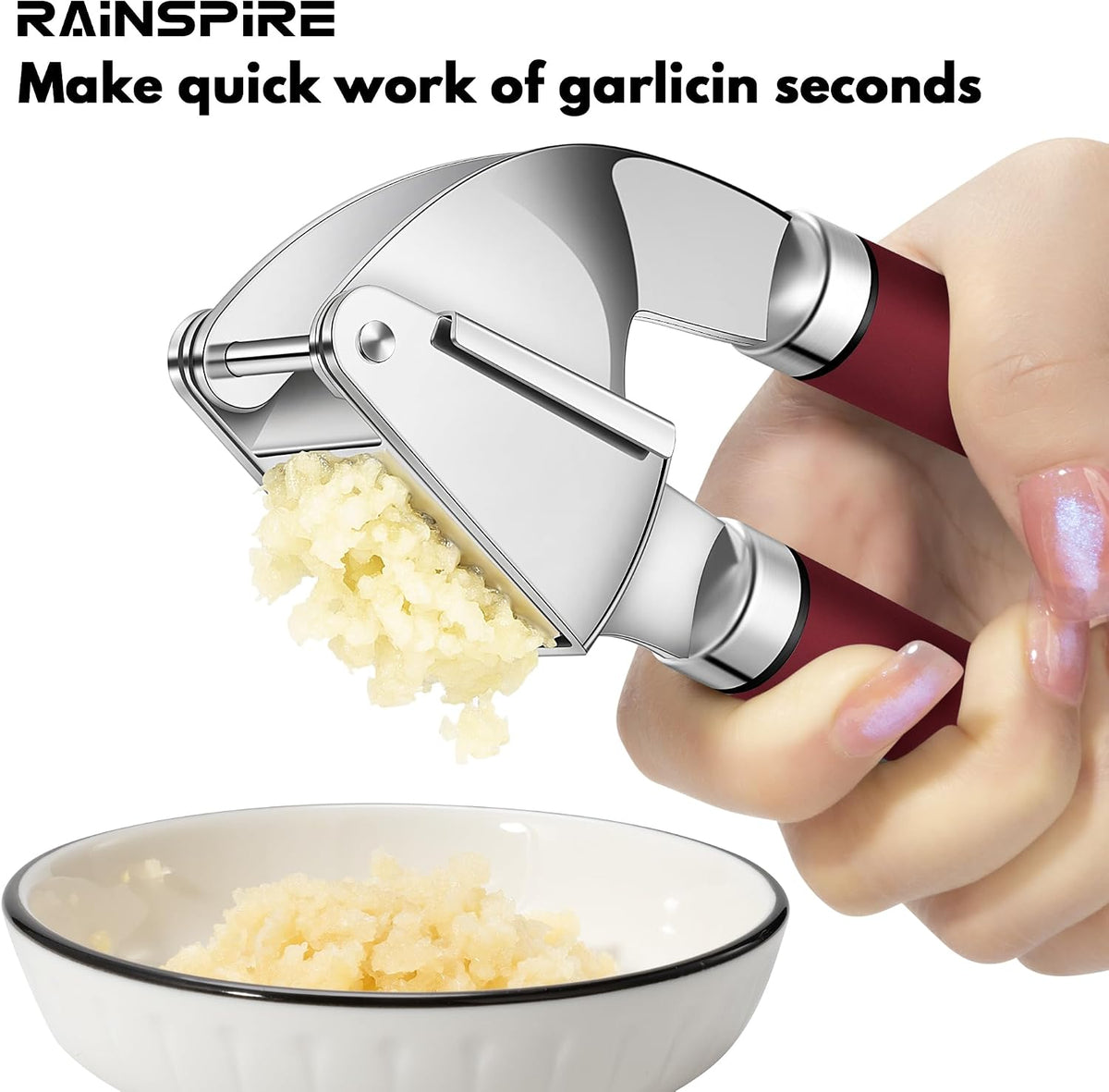 Premium Garlic Press Stainless Steel, Garlic Mincer Tool, Garlic Crusher Tool, Garlic Smasher Garlic Masher Includes Silicone Garlic Peeler & Cleaning Brush, Dishwasher Safe (Red)