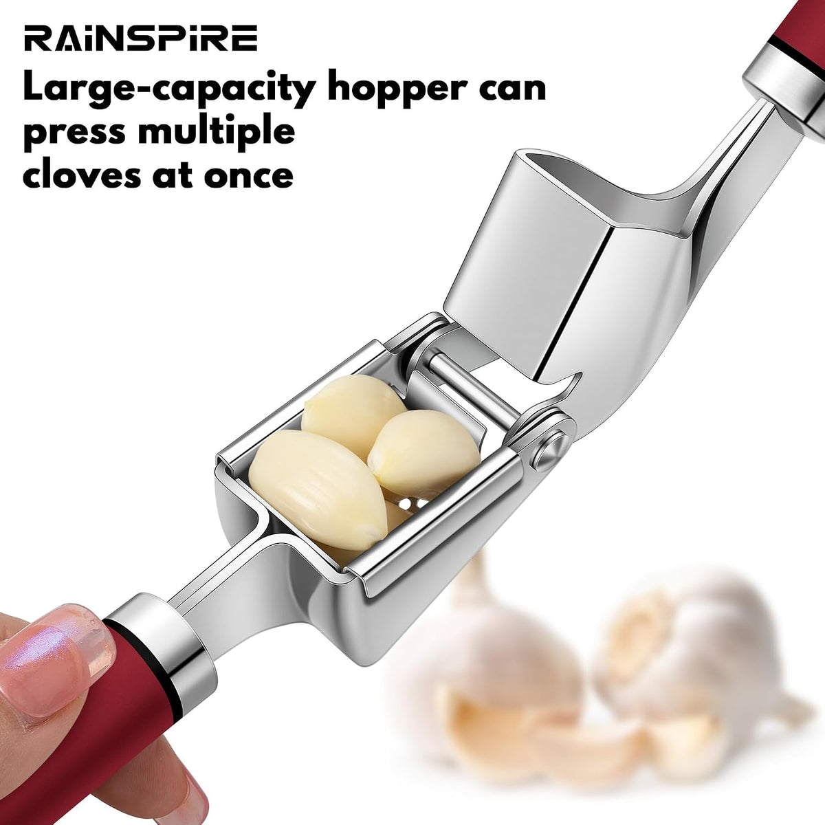 Premium Garlic Press Stainless Steel, Garlic Mincer Tool, Garlic Crusher Tool, Garlic Smasher Garlic Masher Includes Silicone Garlic Peeler & Cleaning Brush, Dishwasher Safe (Red)