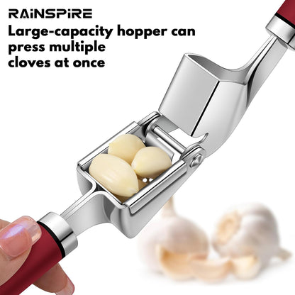 Premium Garlic Press Stainless Steel, Garlic Mincer Tool, Garlic Crusher Tool, Garlic Smasher Garlic Masher Includes Silicone Garlic Peeler & Cleaning Brush, Dishwasher Safe (Red)
