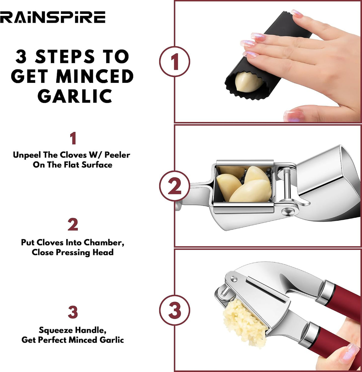 Premium Garlic Press Stainless Steel, Garlic Mincer Tool, Garlic Crusher Tool, Garlic Smasher Garlic Masher Includes Silicone Garlic Peeler & Cleaning Brush, Dishwasher Safe (Red)