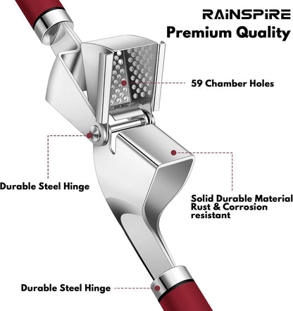 Premium Garlic Press Stainless Steel, Garlic Mincer Tool, Garlic Crusher Tool, Garlic Smasher Garlic Masher Includes Silicone Garlic Peeler & Cleaning Brush, Dishwasher Safe (Red)