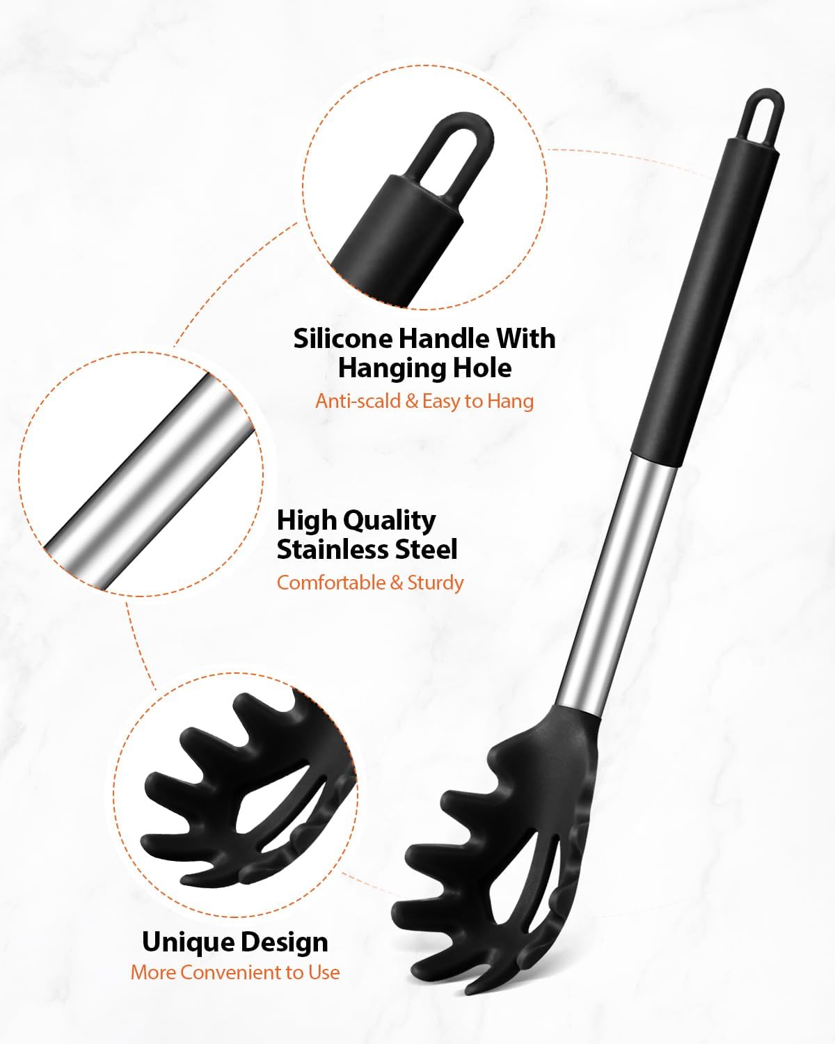 Silicone Spaghetti Spoon & Pasta Tong, Non-Stick Stainless Steel Handle Pasta Fork Set with Teeth, Food Clip for Easy Serving of Noodles (Black)