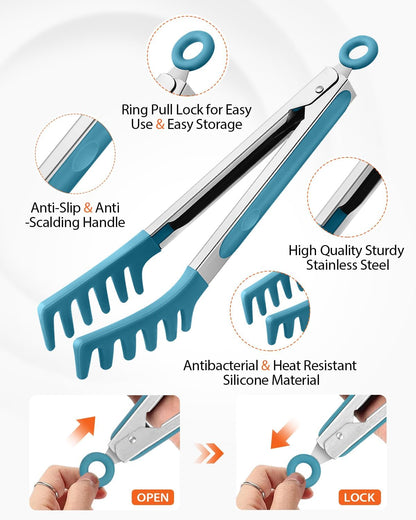 Silicone Spaghetti Spoon & Pasta Tong, Non-Stick Stainless Steel Handle Pasta Fork Set with Teeth, Food Clip for Easy Serving of Noodles (Black)