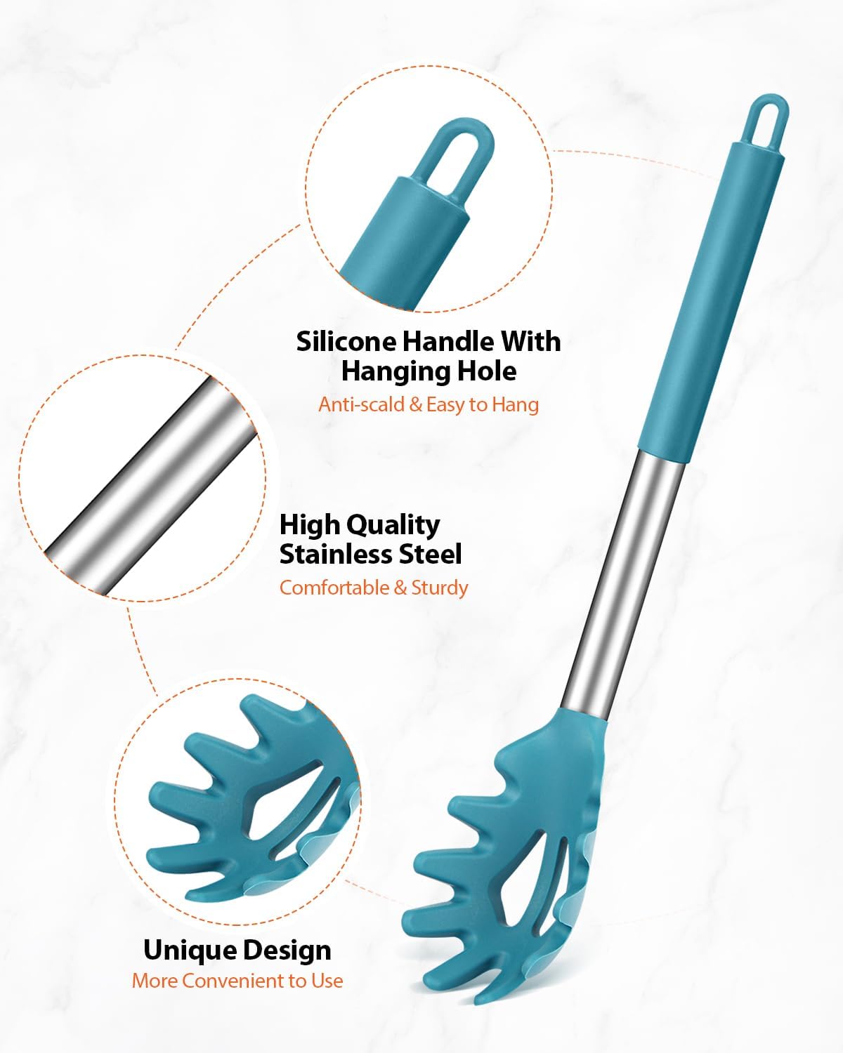 Silicone Spaghetti Spoon & Pasta Tong, Non-Stick Stainless Steel Handle Pasta Fork Set with Teeth, Food Clip for Easy Serving of Noodles (Black)