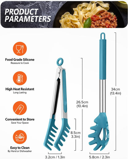 Silicone Spaghetti Spoon & Pasta Tong, Non-Stick Stainless Steel Handle Pasta Fork Set with Teeth, Food Clip for Easy Serving of Noodles (Black)