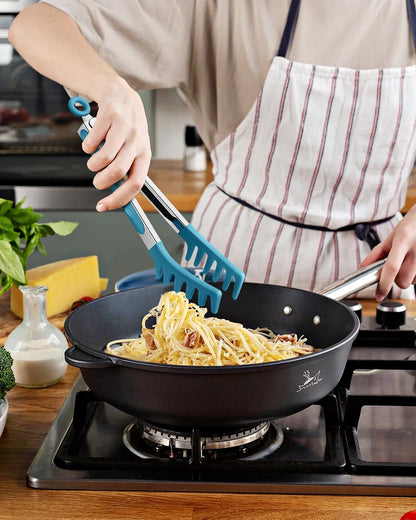 Silicone Spaghetti Spoon & Pasta Tong, Non-Stick Stainless Steel Handle Pasta Fork Set with Teeth, Food Clip for Easy Serving of Noodles (Black)