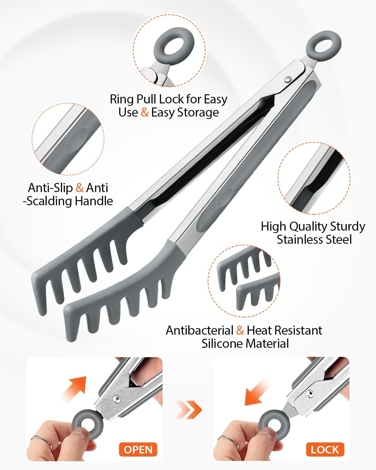 Silicone Spaghetti Spoon & Pasta Tong, Non-Stick Stainless Steel Handle Pasta Fork Set with Teeth, Food Clip for Easy Serving of Noodles (Black)