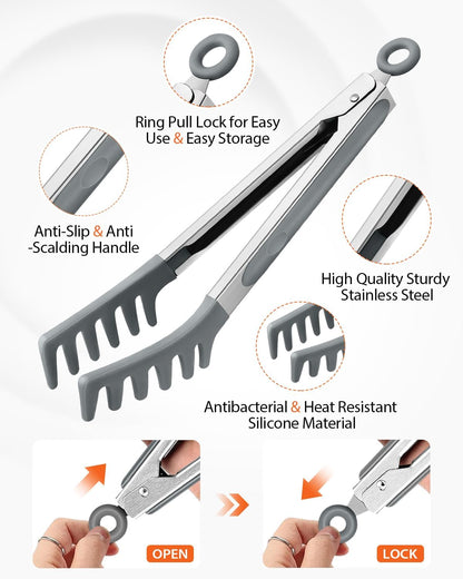 Silicone Spaghetti Spoon & Pasta Tong, Non-Stick Stainless Steel Handle Pasta Fork Set with Teeth, Food Clip for Easy Serving of Noodles (Black)
