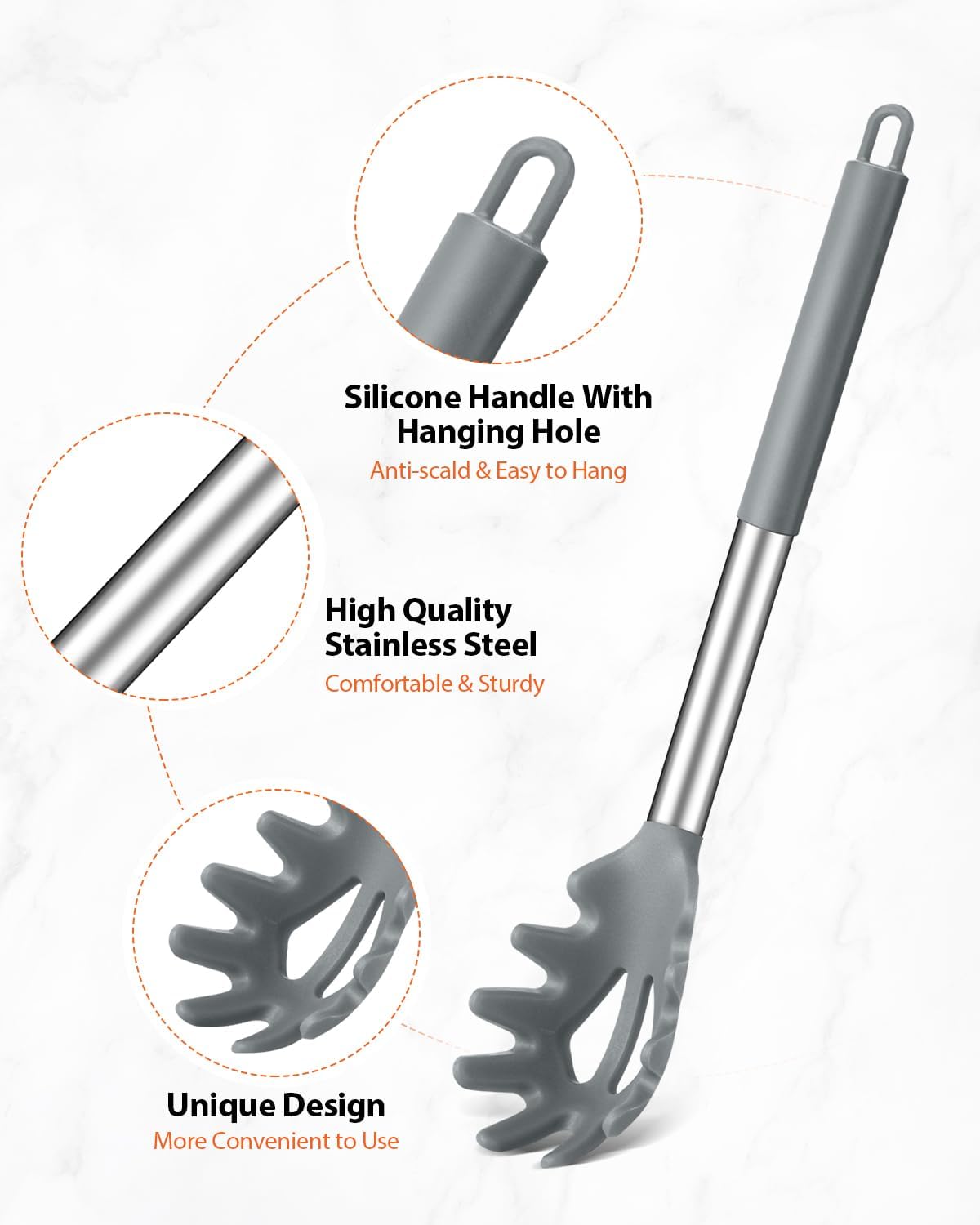 Silicone Spaghetti Spoon & Pasta Tong, Non-Stick Stainless Steel Handle Pasta Fork Set with Teeth, Food Clip for Easy Serving of Noodles (Black)