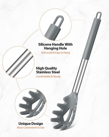 Silicone Spaghetti Spoon & Pasta Tong, Non-Stick Stainless Steel Handle Pasta Fork Set with Teeth, Food Clip for Easy Serving of Noodles (Black)