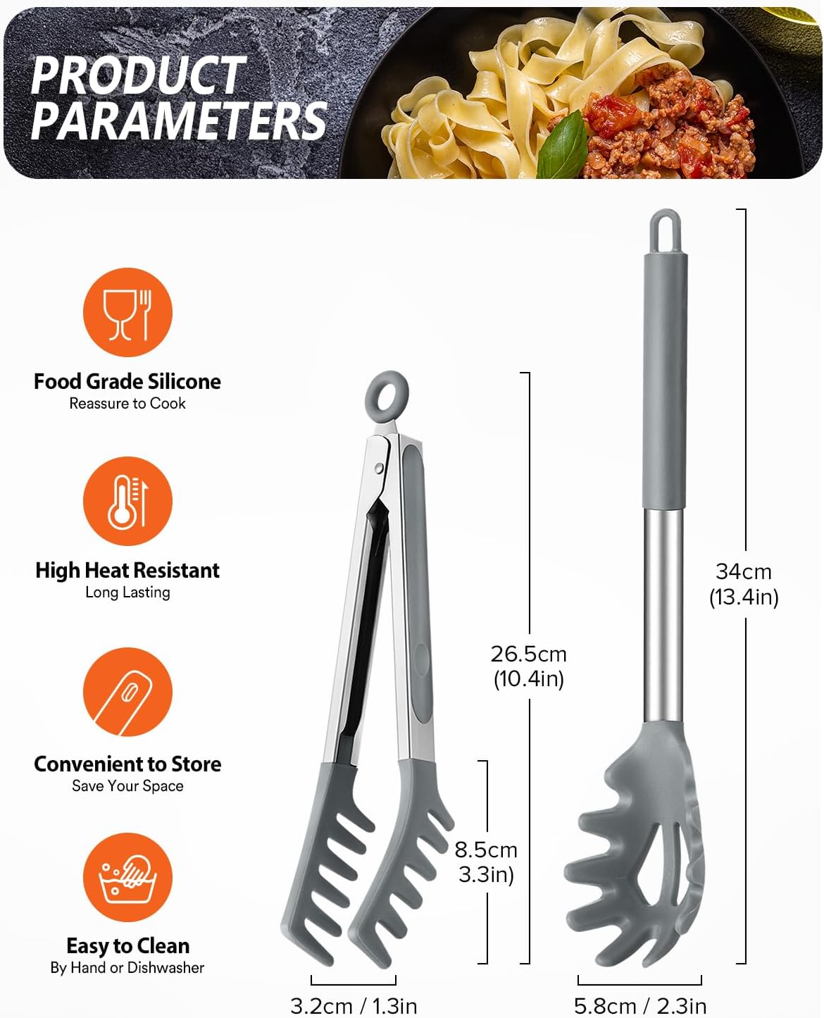 Silicone Spaghetti Spoon & Pasta Tong, Non-Stick Stainless Steel Handle Pasta Fork Set with Teeth, Food Clip for Easy Serving of Noodles (Black)