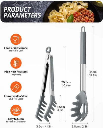 Silicone Spaghetti Spoon & Pasta Tong, Non-Stick Stainless Steel Handle Pasta Fork Set with Teeth, Food Clip for Easy Serving of Noodles (Black)