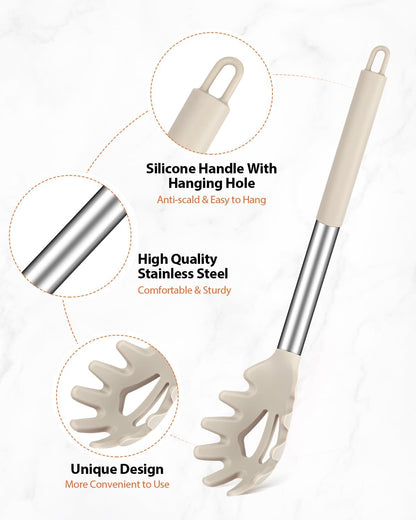 Silicone Spaghetti Spoon & Pasta Tong, Non-Stick Stainless Steel Handle Pasta Fork Set with Teeth, Food Clip for Easy Serving of Noodles (Black)