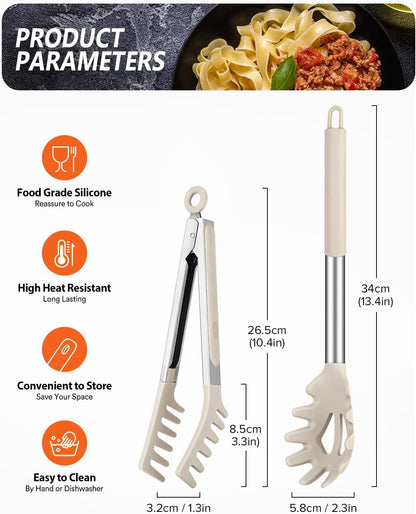 Silicone Spaghetti Spoon & Pasta Tong, Non-Stick Stainless Steel Handle Pasta Fork Set with Teeth, Food Clip for Easy Serving of Noodles (Black)