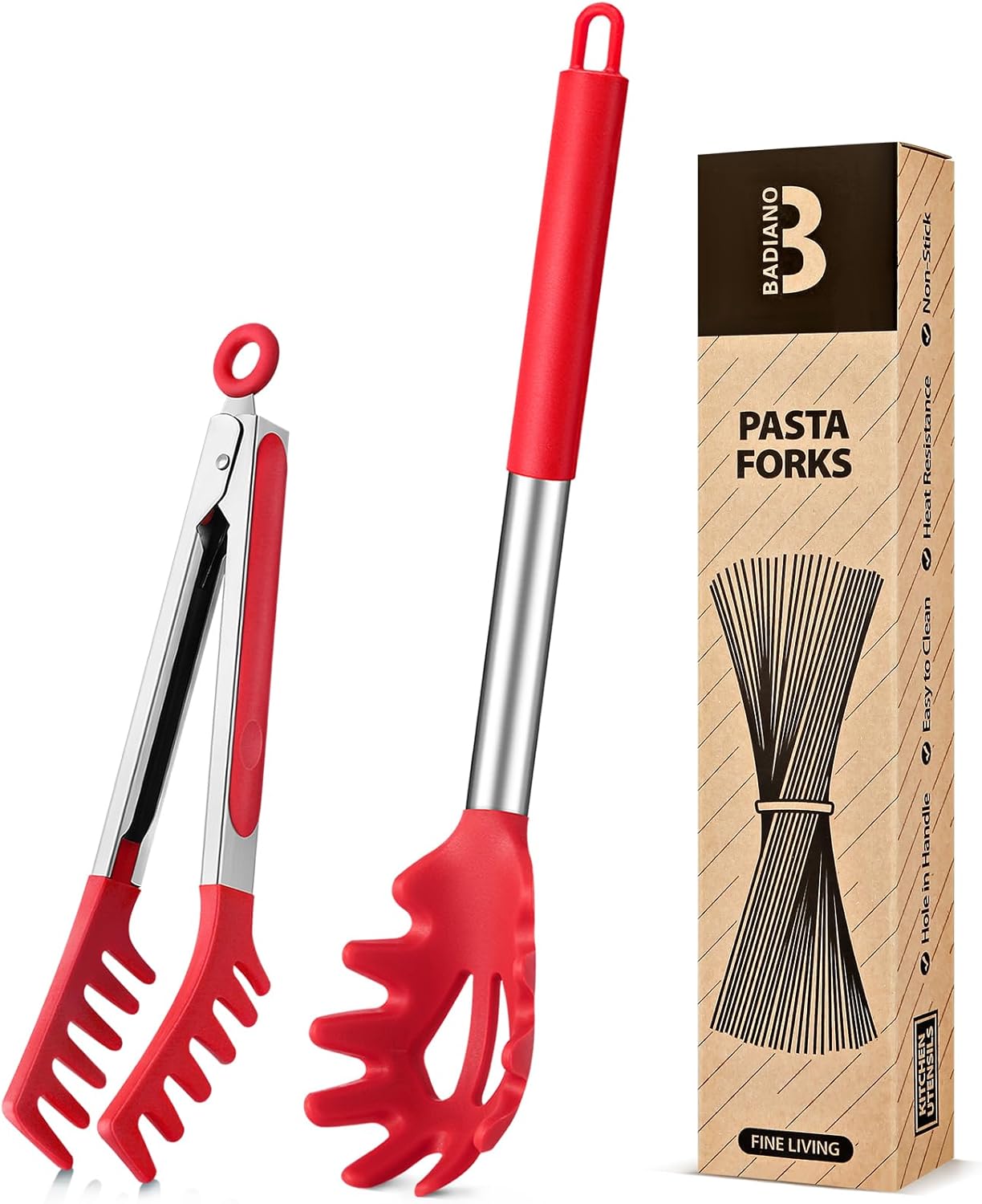 Silicone Spaghetti Spoon & Pasta Tong, Non-Stick Stainless Steel Handle Pasta Fork Set with Teeth, Food Clip for Easy Serving of Noodles (Black)