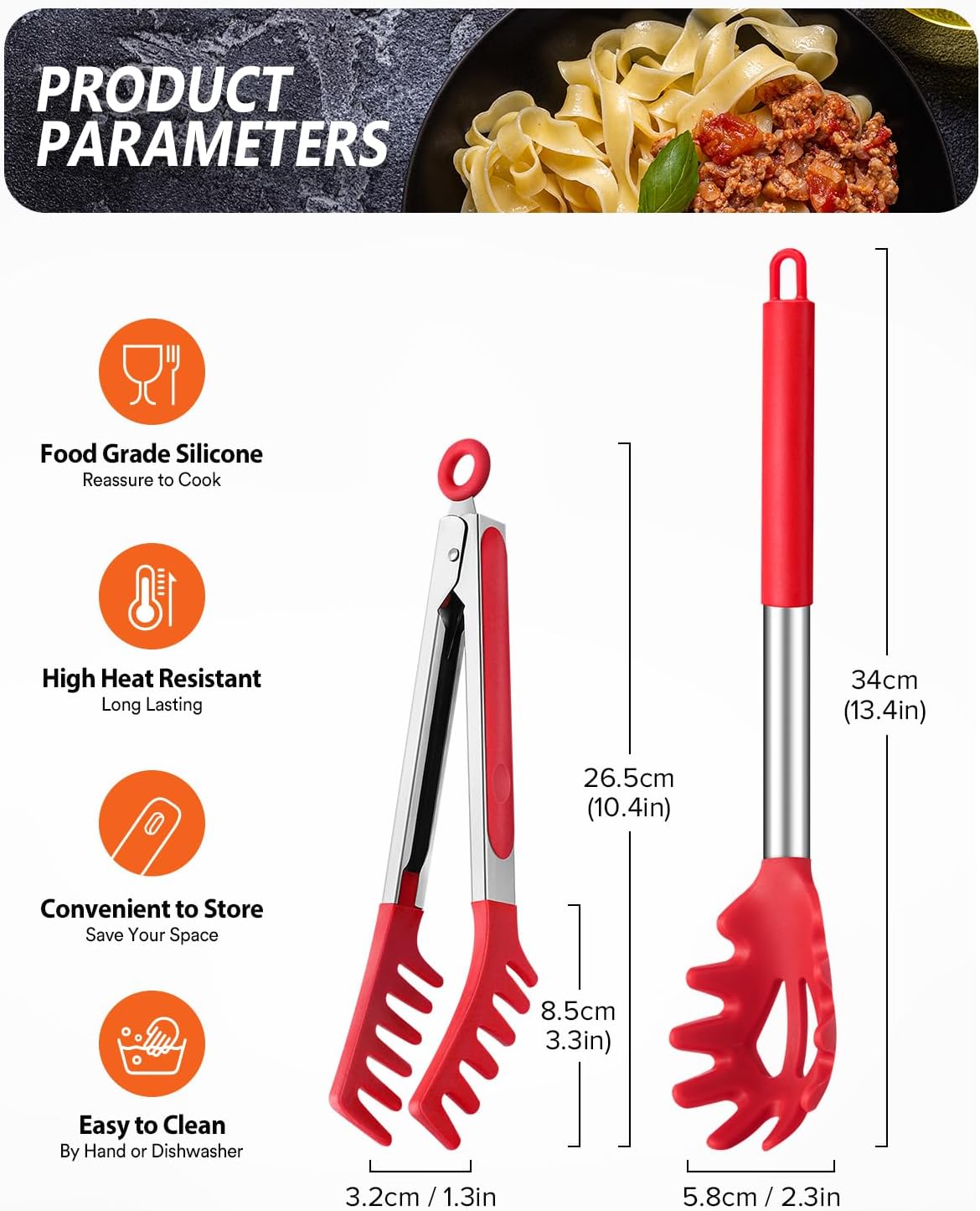 Silicone Spaghetti Spoon & Pasta Tong, Non-Stick Stainless Steel Handle Pasta Fork Set with Teeth, Food Clip for Easy Serving of Noodles (Black)