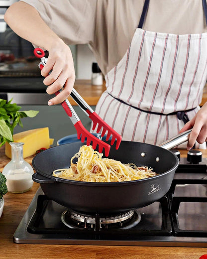 Silicone Spaghetti Spoon & Pasta Tong, Non-Stick Stainless Steel Handle Pasta Fork Set with Teeth, Food Clip for Easy Serving of Noodles (Black)