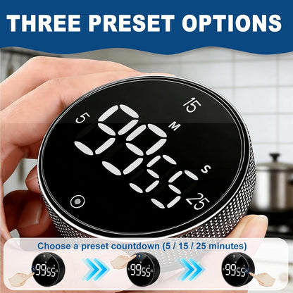 Magnetic Kitchen Timer with Large LED Digital Display, Countdown Countup Visual timers with 3 Volume Levels, 3 Preset 5/15/25 Mins Adjustable Productivity Alarm for Cooking Classroom Fitness Studying