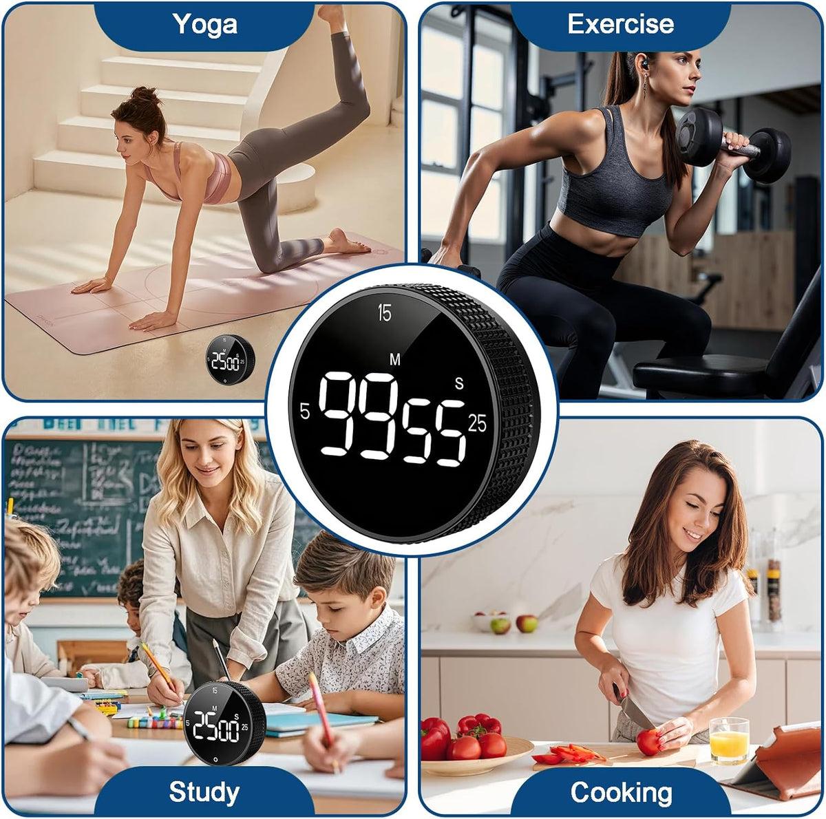 Magnetic Kitchen Timer with Large LED Digital Display, Countdown Countup Visual timers with 3 Volume Levels, 3 Preset 5/15/25 Mins Adjustable Productivity Alarm for Cooking Classroom Fitness Studying