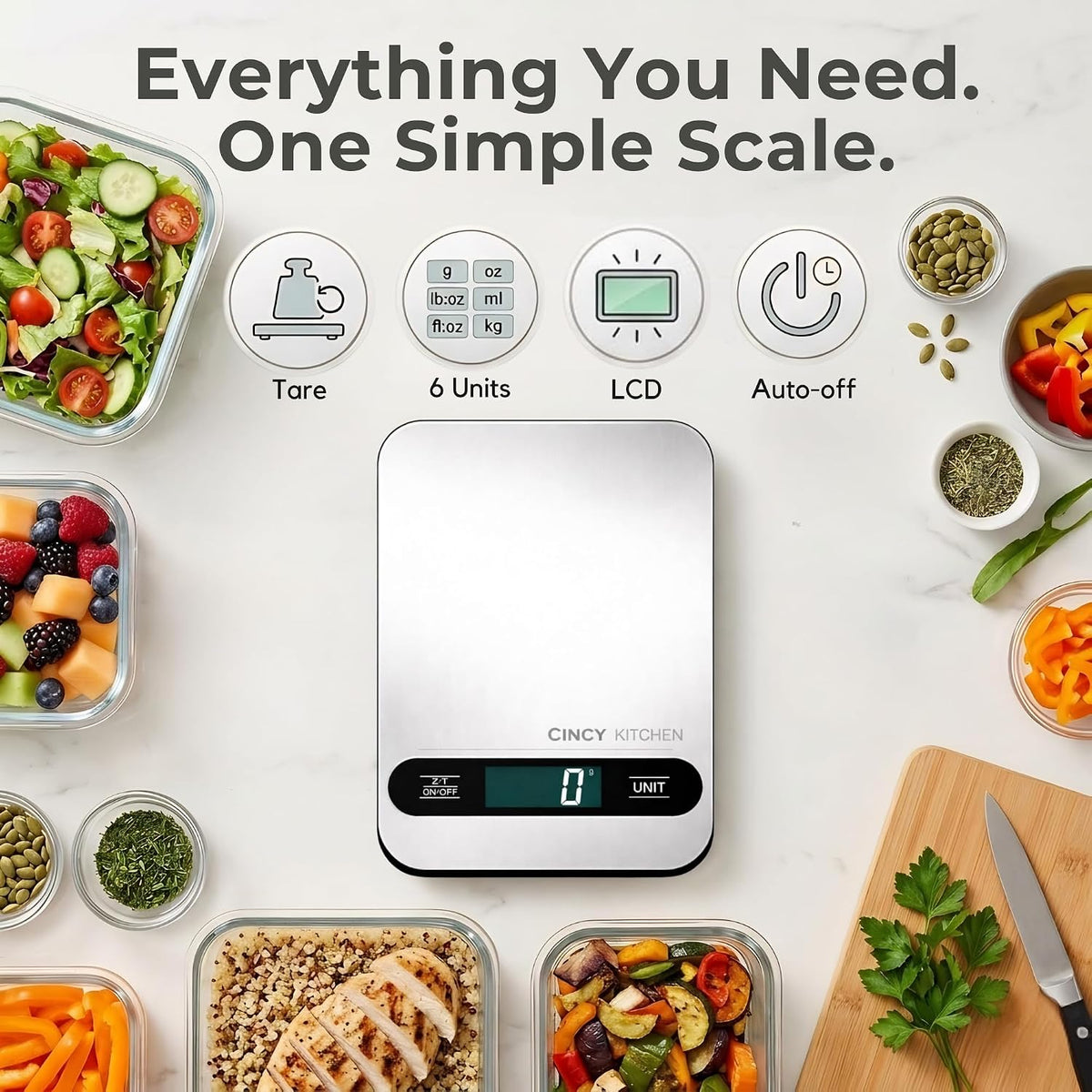 CINCY Digital Food Scale, 10kg/22lb Capacity, 1g Precision, 6 Units, Stainless Steel Kitchen Scale with Tare Function, Large LCD & 6 Units for Meal Prep, Baking, Cooking & Portion Control