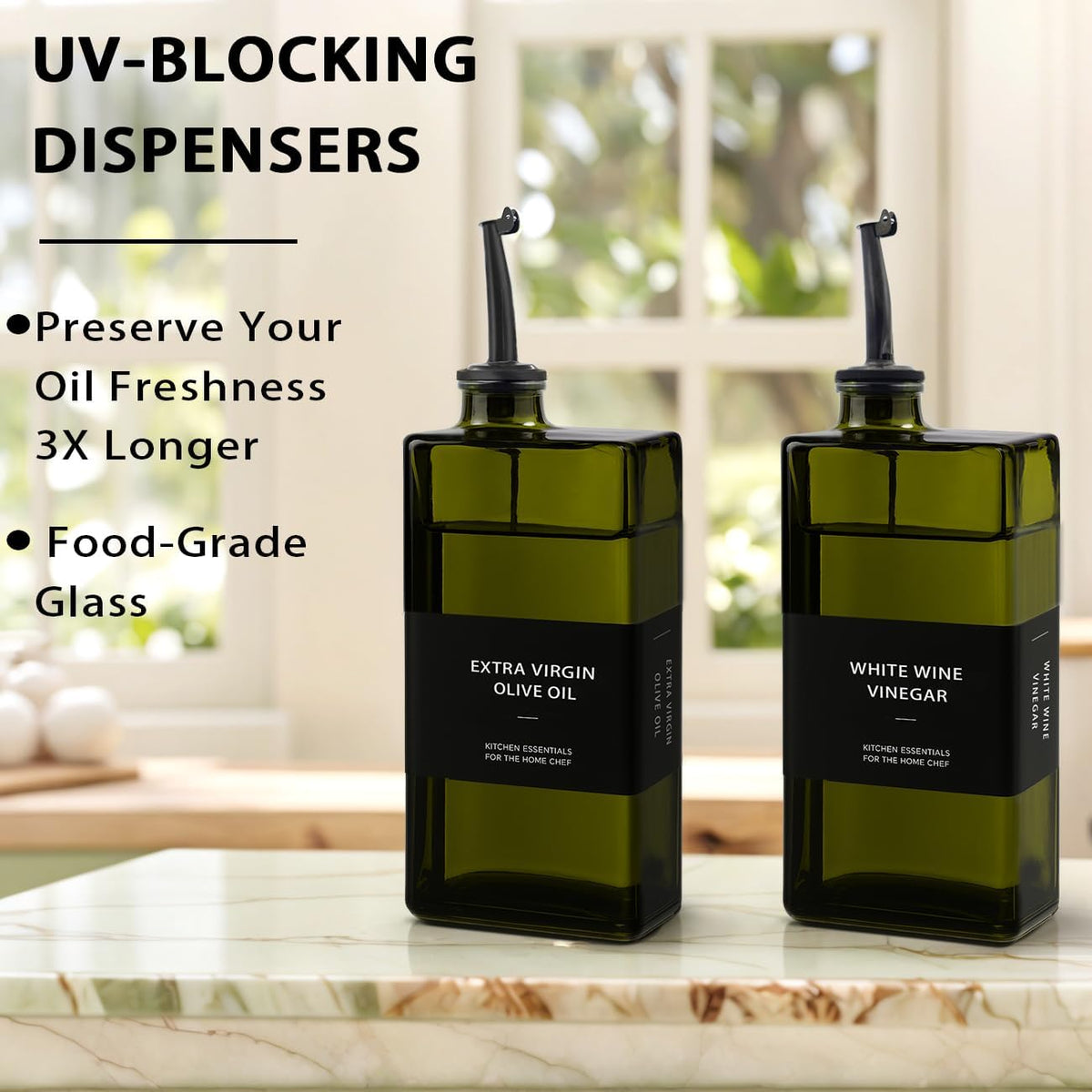 Olive Oil Dispenser Bottle for Kitchen 16.9oz, UV-Blocking Oil and Vinegar Dispenser Set, Soy Sauce Dispenser, Space Saving Design for Countertop (Green)