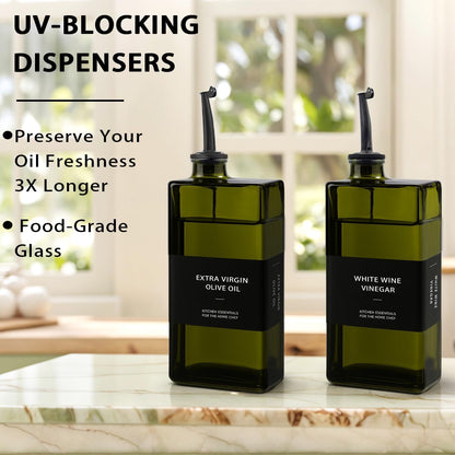 Olive Oil Dispenser Bottle for Kitchen 16.9oz, UV-Blocking Oil and Vinegar Dispenser Set, Soy Sauce Dispenser, Space Saving Design for Countertop (Green)